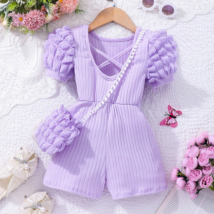 Girls Bubble Sleeve Ribbed Short Romper Set