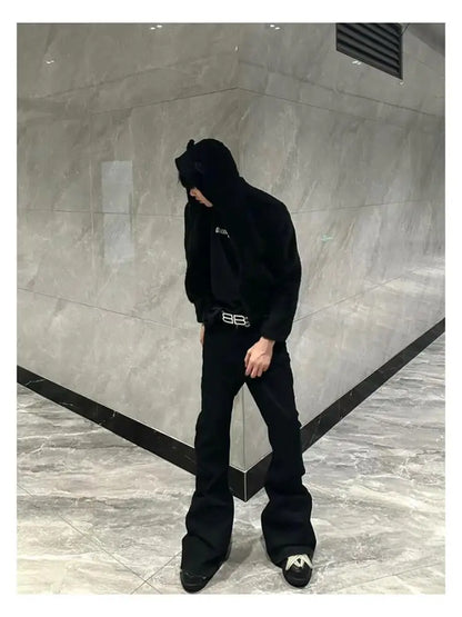 Basic Black Ribbon Loose Flared Casual Jeans