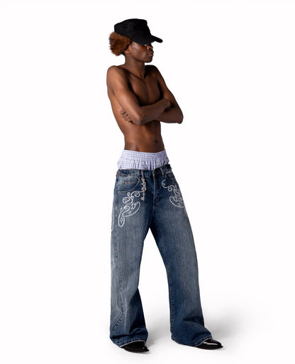 Men/Women Bootcut Jeans Vintage Washed Embroidery Pants