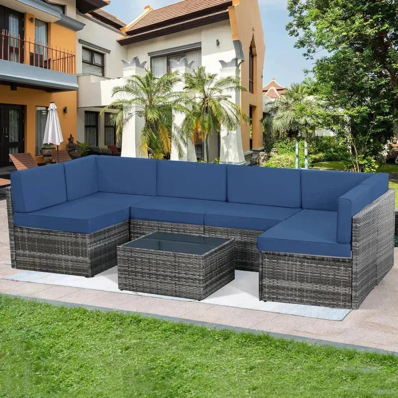 7 Piece Rattan Gray Wicker Outdoor Sectional Furniture Set