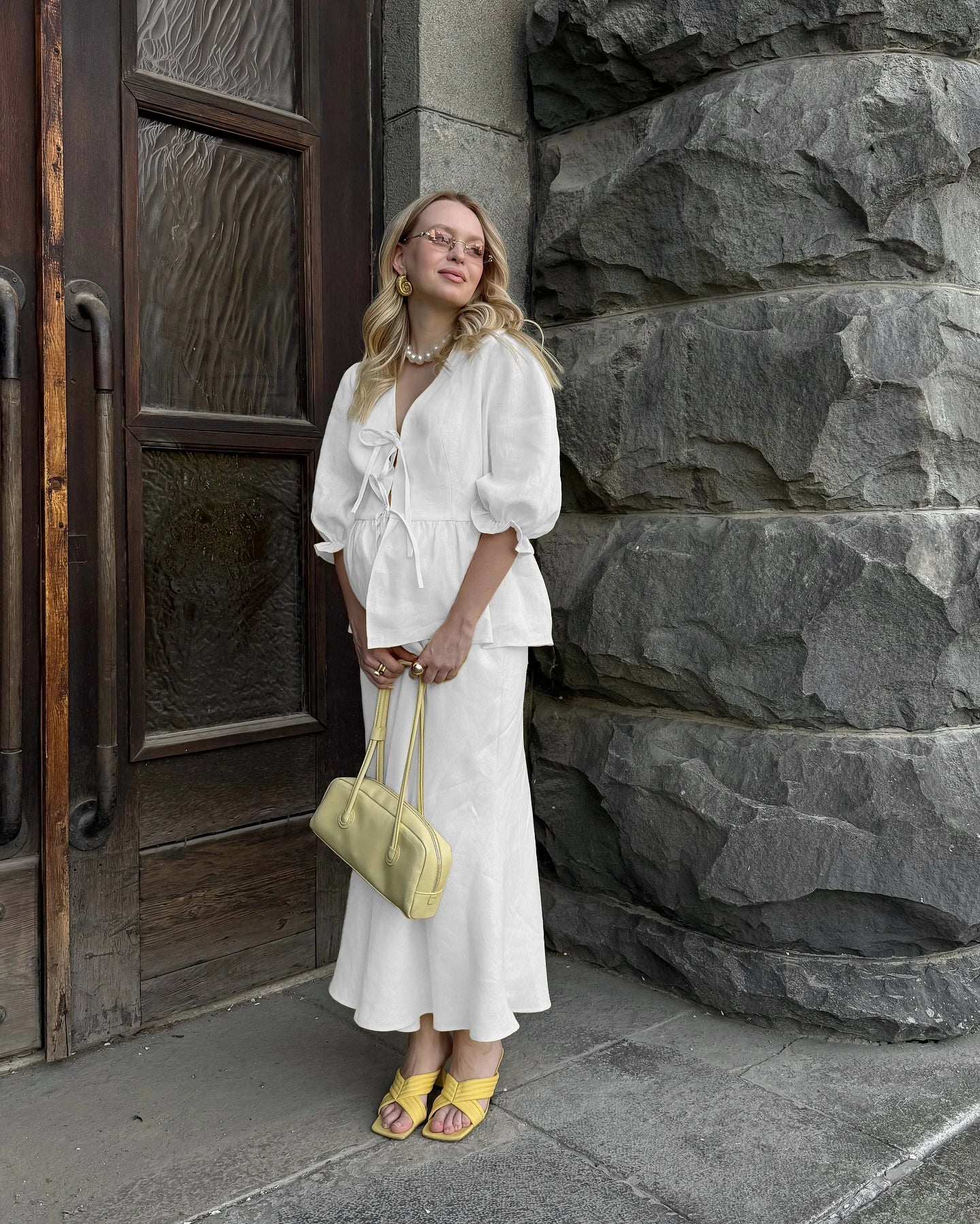 2 PCS V-Neck Lace-Up Bubble Sleeve Shirt  Long Skirt
