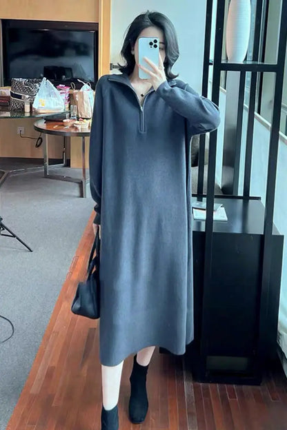 Plain Long Polo Collar Woman Knitted Dress