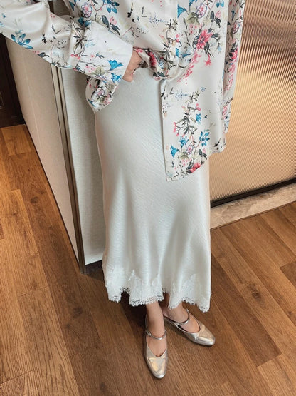 Satin Lace Patchwork Midi Skirt Elegant Women