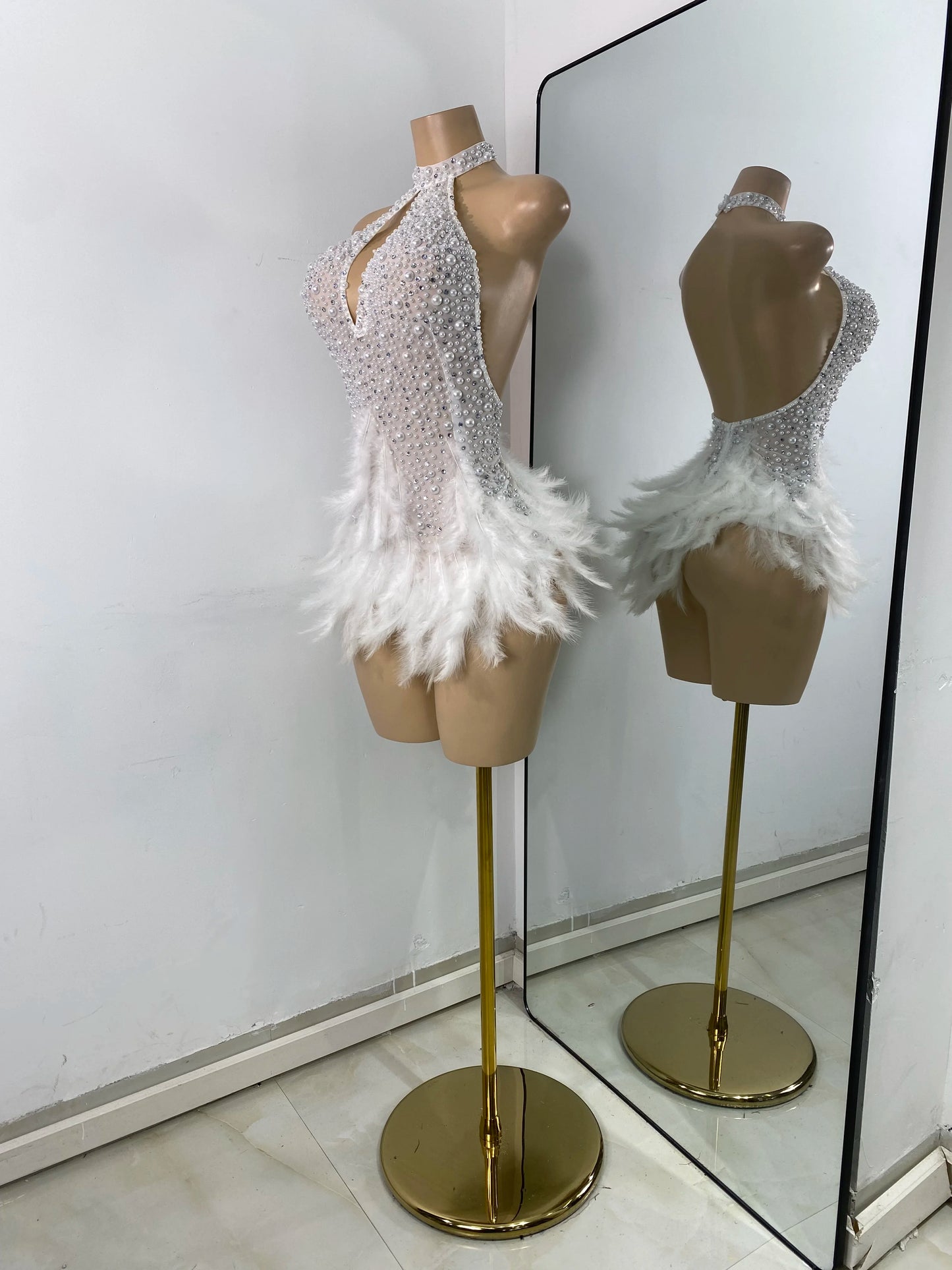 Women Sexy Halter Beading Feather Tight Bodysuit