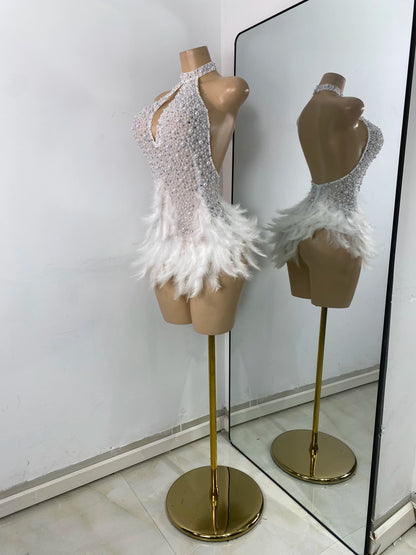 Women Sexy Halter Beading Feather Tight Bodysuit