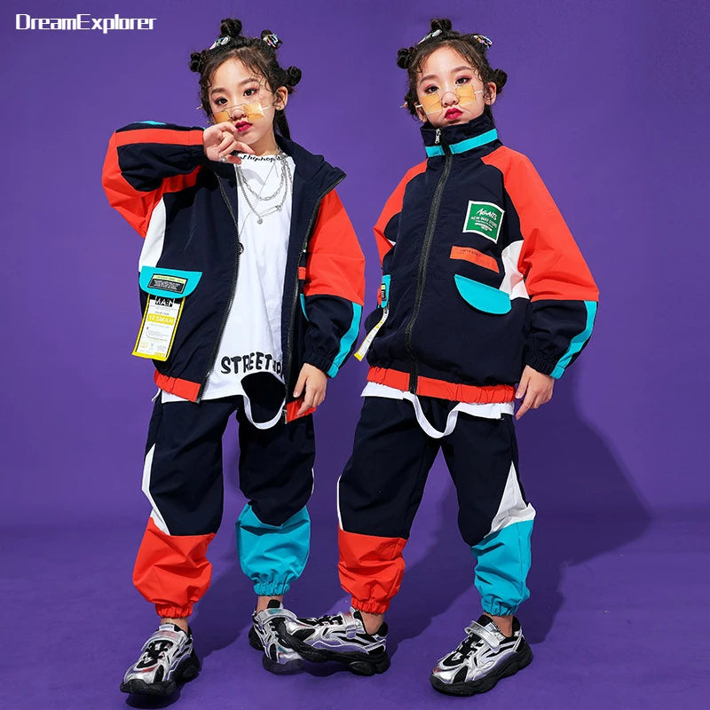 2 Pcs Boys/Girls Hip Hop Contrast Jacket Loose Pants