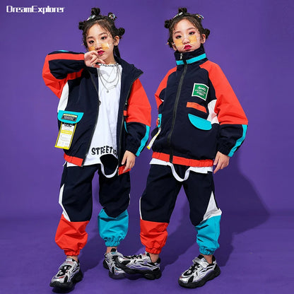 2 Pcs Boys/Girls Hip Hop Contrast Jacket Loose Pants
