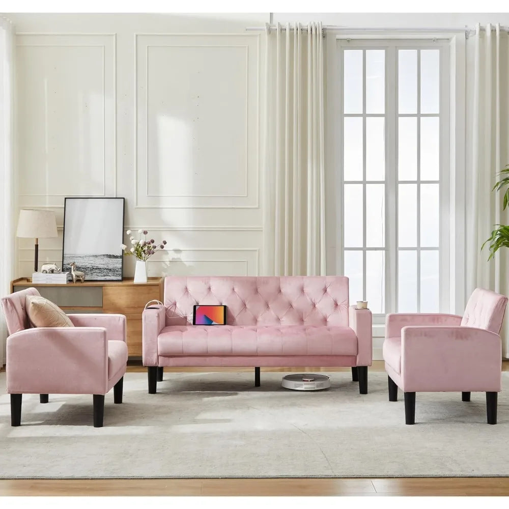 Mid-Century Modern Pink Velvet Loveseat Sofa Set