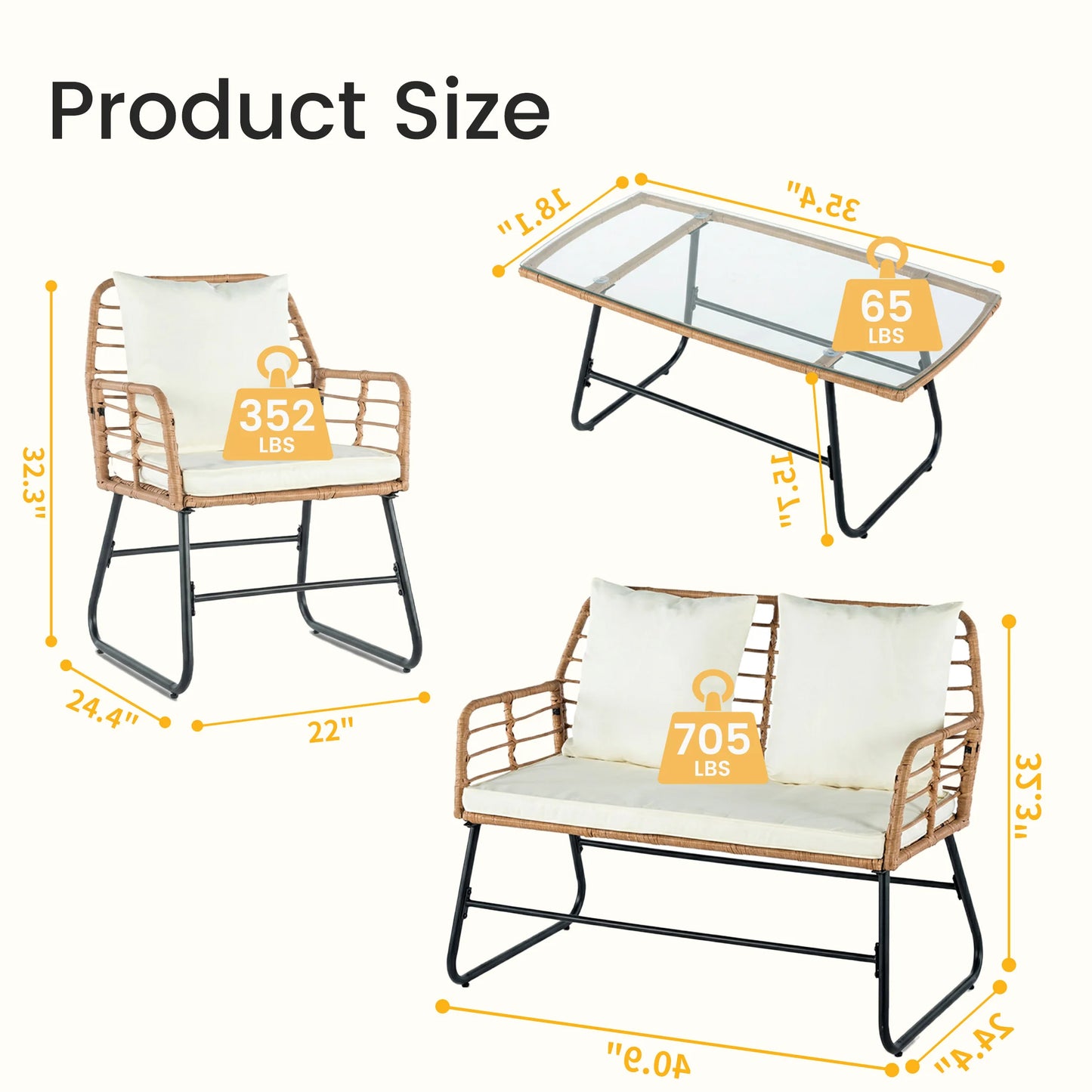 4 PCS Outdoor Wicker Patio Furniture Soft Cushion