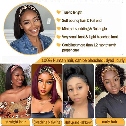 Headband Wigs Human Hair Short Wear Glueless