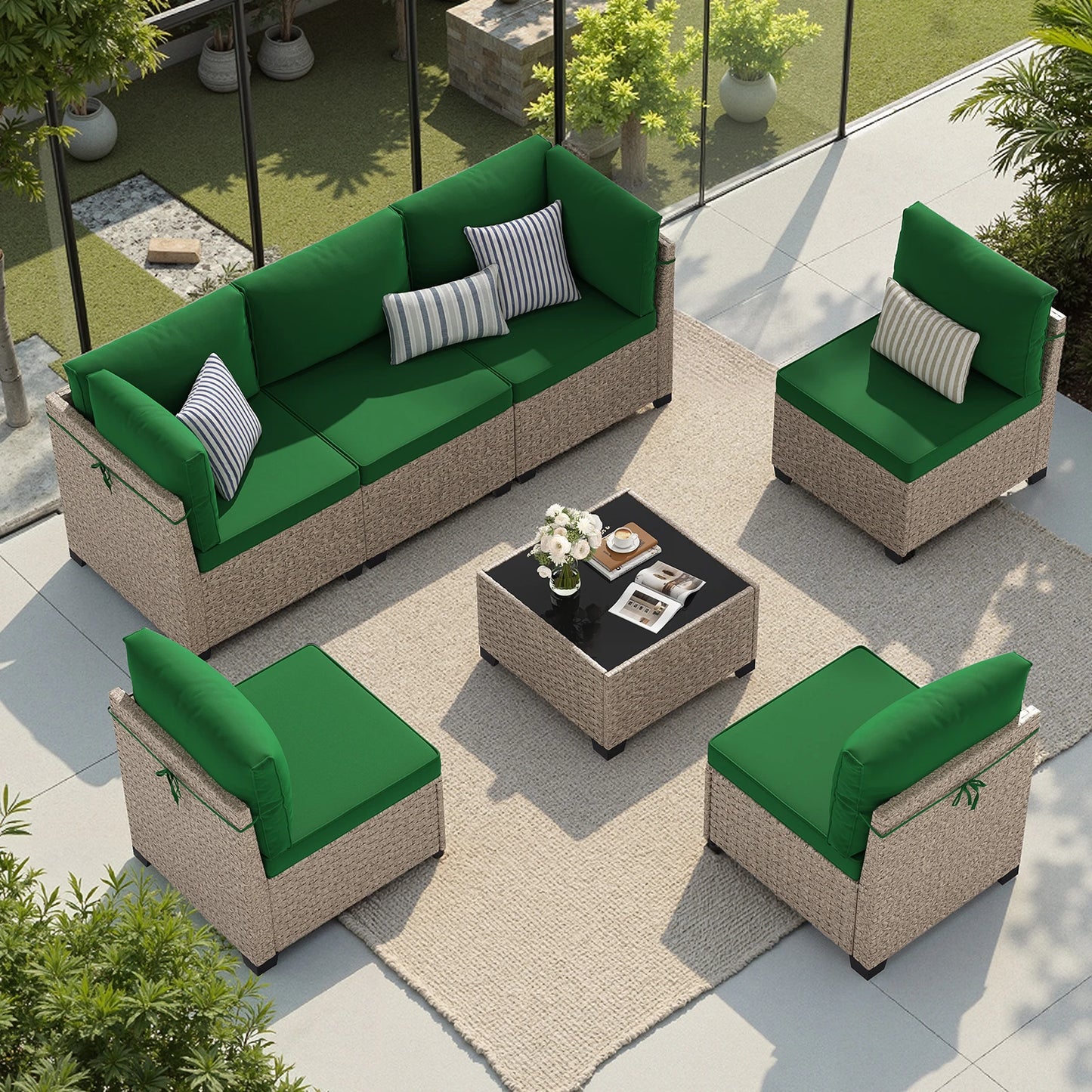 7-Piece Outdoor Rattan Sectional Sofa with Tempered Glass
