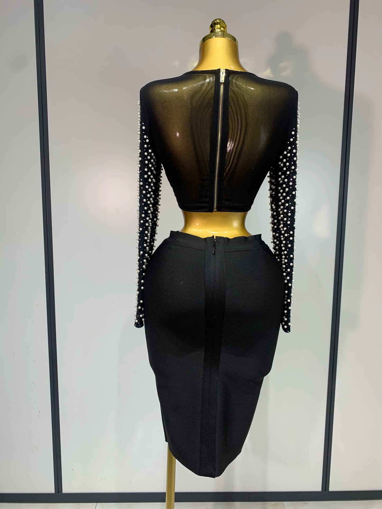 2 Pcs Women Sexy Long Sleeve Mesh Pearl Top