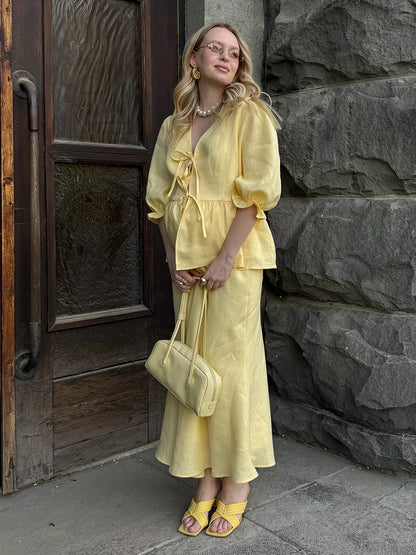 2 PCS V-Neck Lace-Up Bubble Sleeve Shirt  Long Skirt