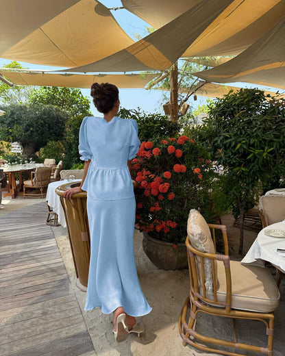 2 PCS V-Neck Lace-Up Bubble Sleeve Shirt  Long Skirt
