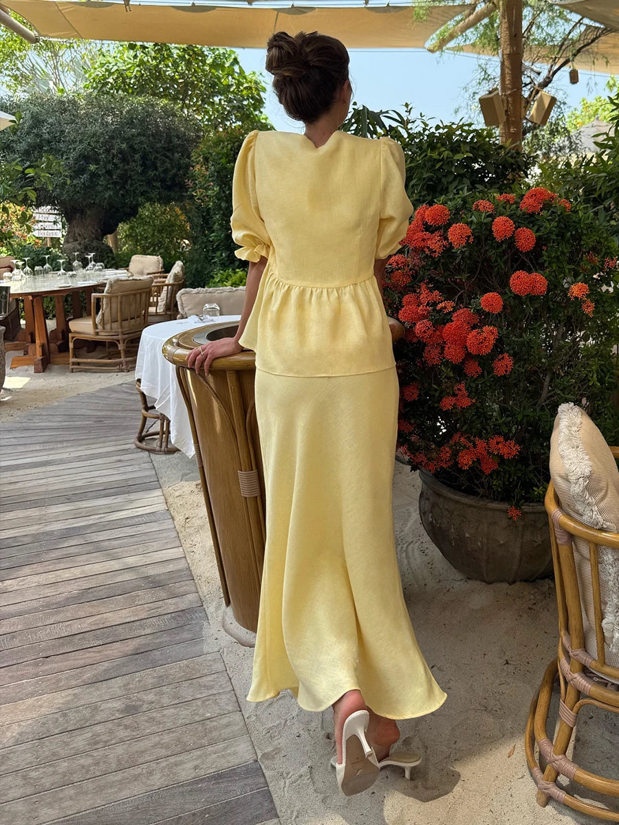 2 PCS V-Neck Lace-Up Bubble Sleeve Shirt  Long Skirt