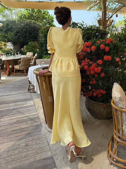 2 PCS V-Neck Lace-Up Bubble Sleeve Shirt  Long Skirt