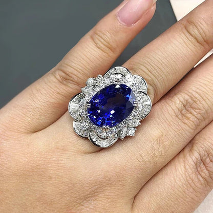 Luxury Women Rings with Oval Blue Flower Design