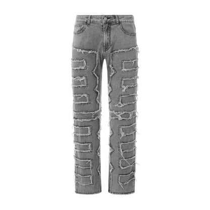 Men Skinny Pants Vintage Patch Frayed Denim