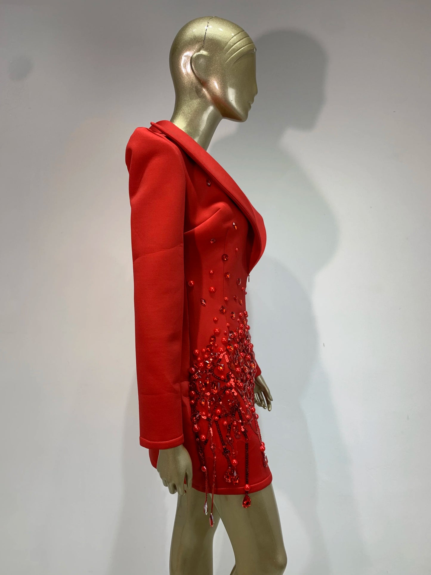 Sparkly Crystal Pearls Mini Dress Luxury Red Fashion