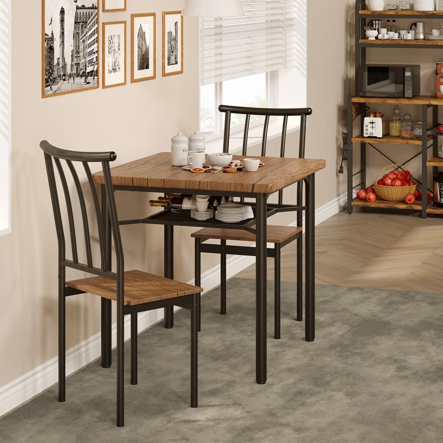 3-Piece Dining Table Set for 2 with Storage Rack