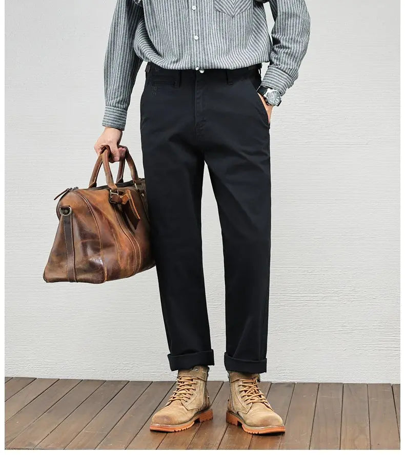 Casual Cotton Pants, Loose Straight Leg Workwear