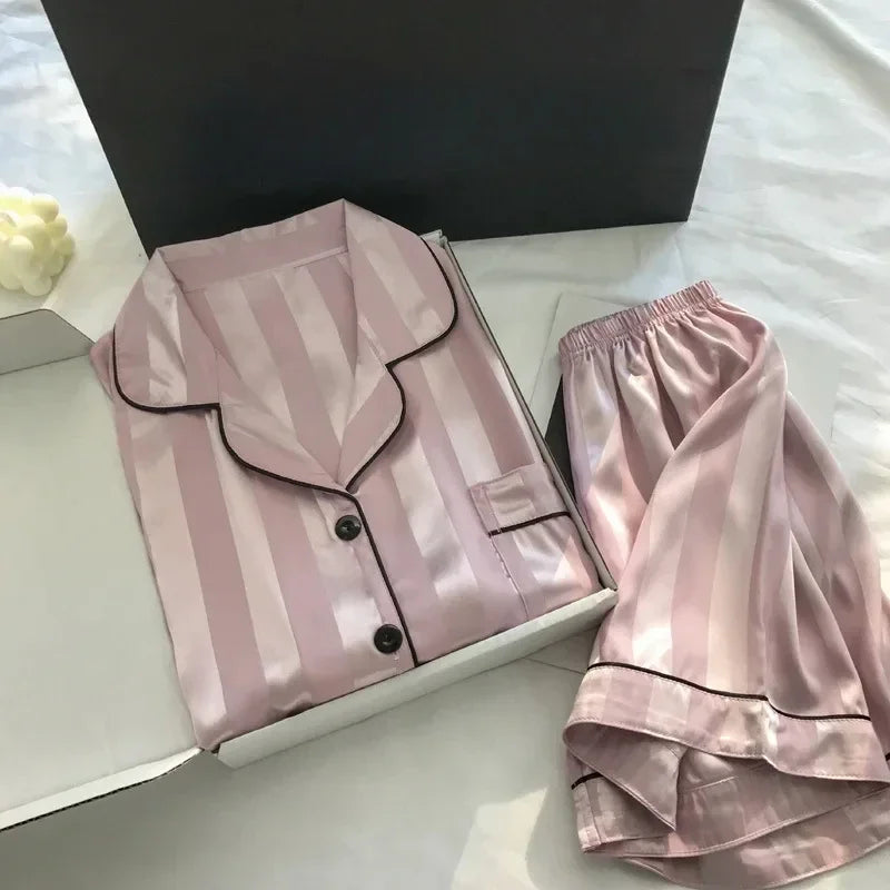 2Pcs/set Ice Silk Women's Pajamas Short Sleeve Short Pants