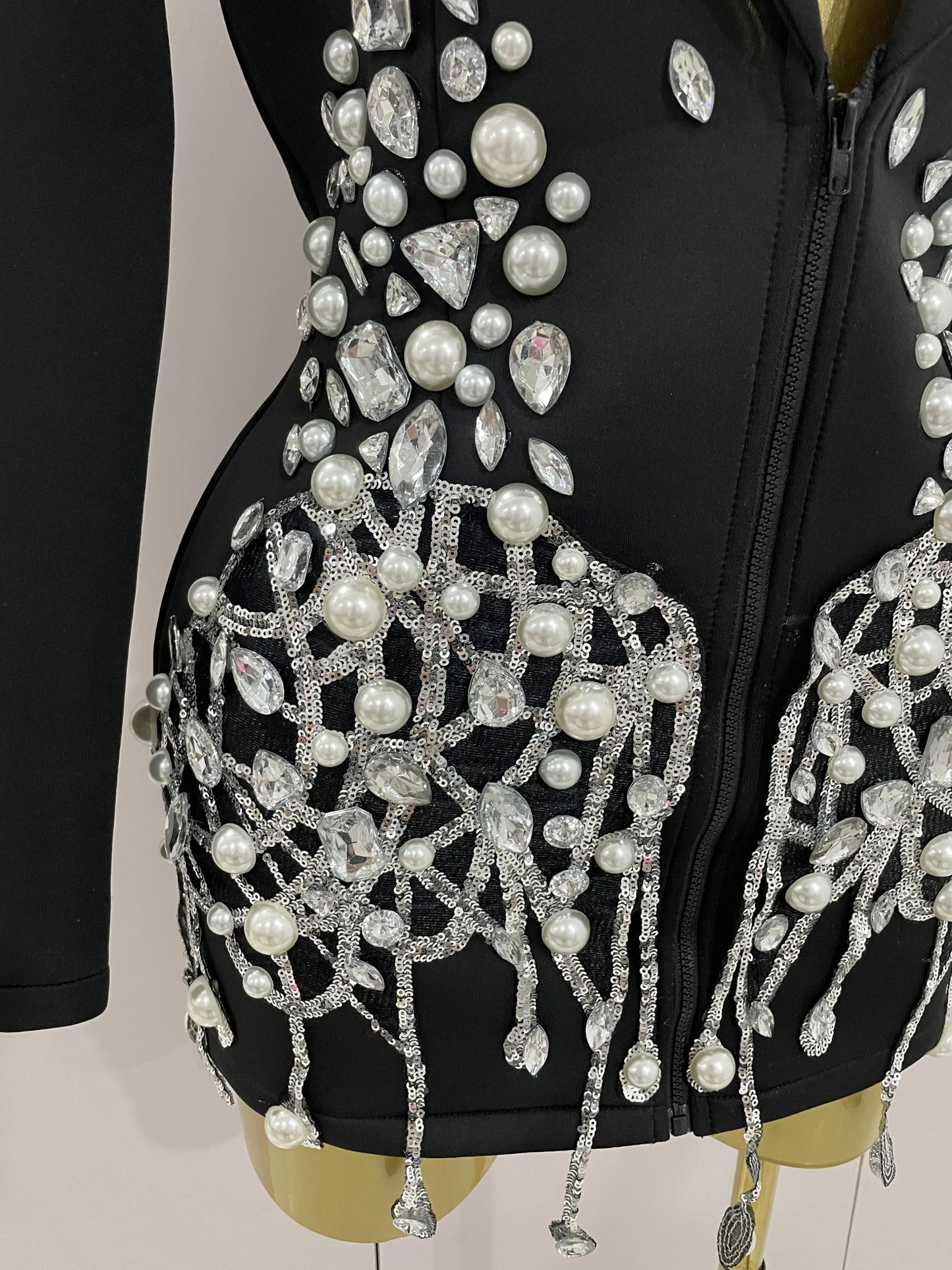 Sparkly Crystal Pearls Long Sleeve Mini Dress