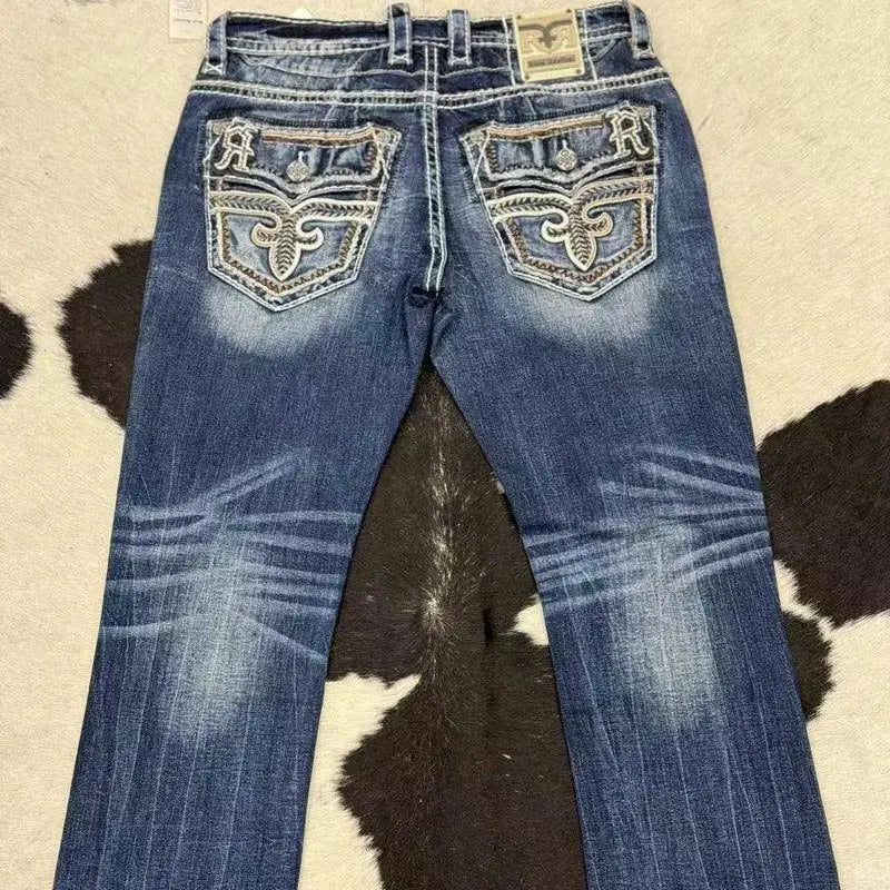 Blue Embroidered Men's and Women's Retro Trendy Jeans