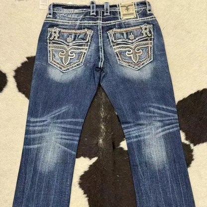 Blue Embroidered Men's and Women's Retro Trendy Jeans