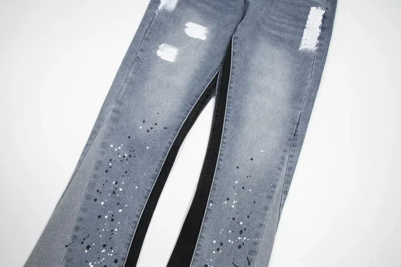 Retro Washed Spliced Denim High Brand Jeans