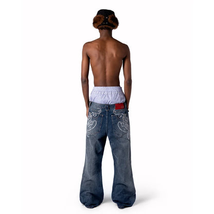 Men/Women Bootcut Jeans Vintage Washed Embroidery Pants