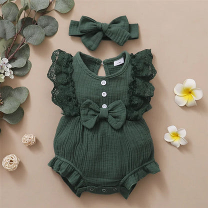 0-18 Month Solid Color Sleeveless Round Neck Lace Edge