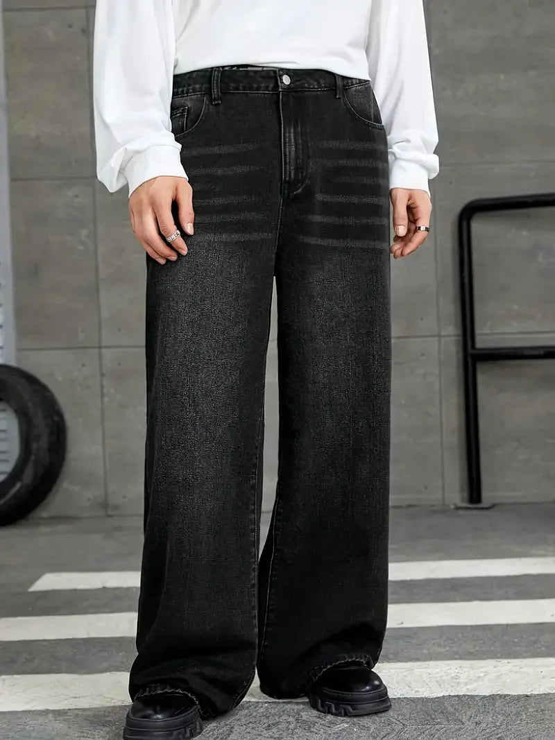 Men'S Loose Fit Black Denim Wide Leg Jeans