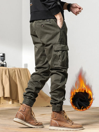 Cargo Pants Men Multi-Pockets Drawstring Fleece Liner