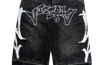 Mens Embroidery Black Jeans  Vintage Baggy Shorts