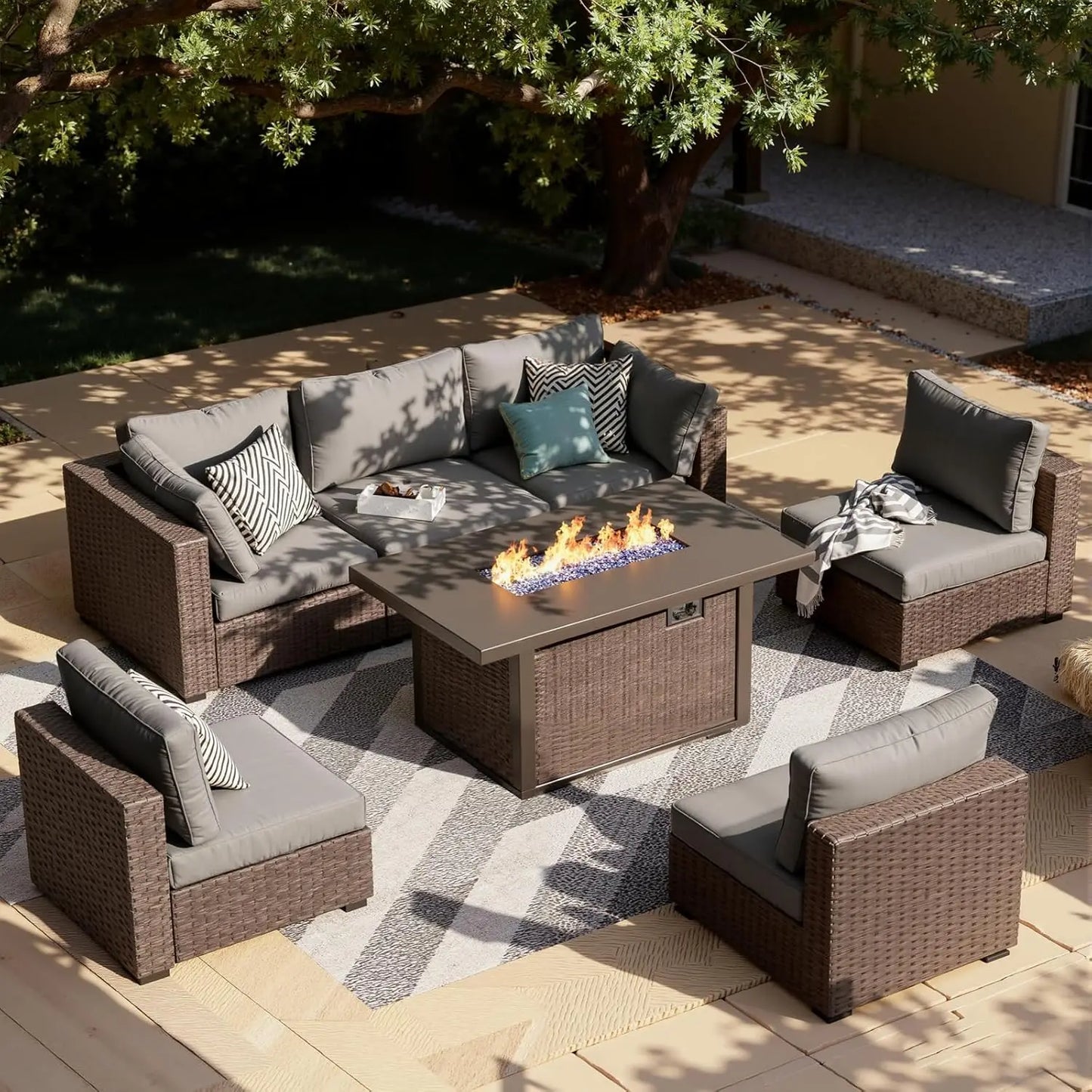 7-Pieces Patio Furniture Sets Outdoor Sectional Firepit Table