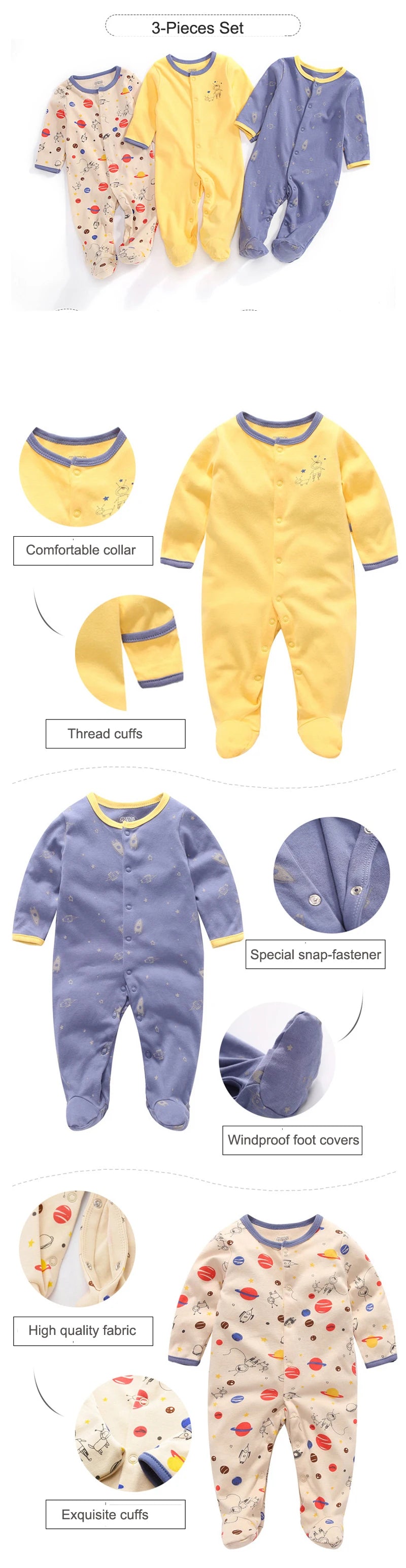 100% Cotton 3 Pcs Boys/Girls Romper Pajamas Jumpsuit