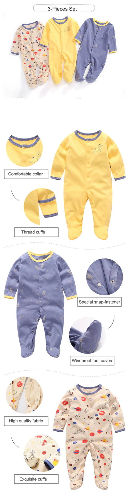 100% Cotton 3 Pcs Boys/Girls Romper Pajamas Jumpsuit