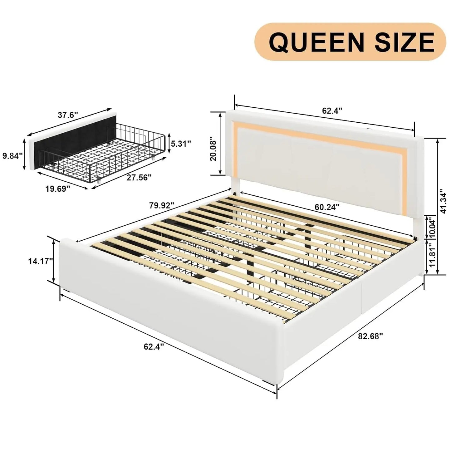 Upholstered Platform LED Bed with Type-C&USB