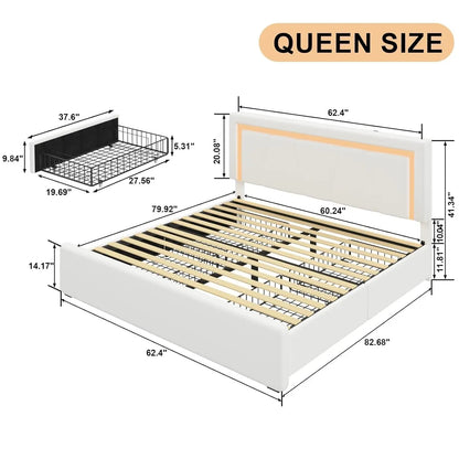 Upholstered Platform LED Bed with Type-C&USB