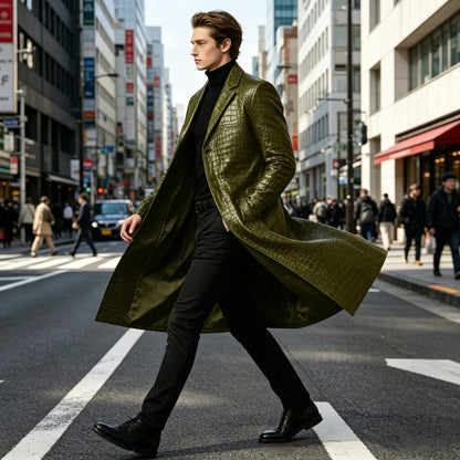 Men's Crocodile Leather Trench Coat Luxury Long