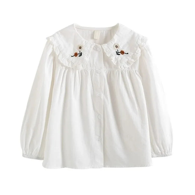 White Girl's Blouse Cotton Doll Collar Shirt