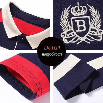 Men Polo Shirt Cotton Long Sleeve Stripe