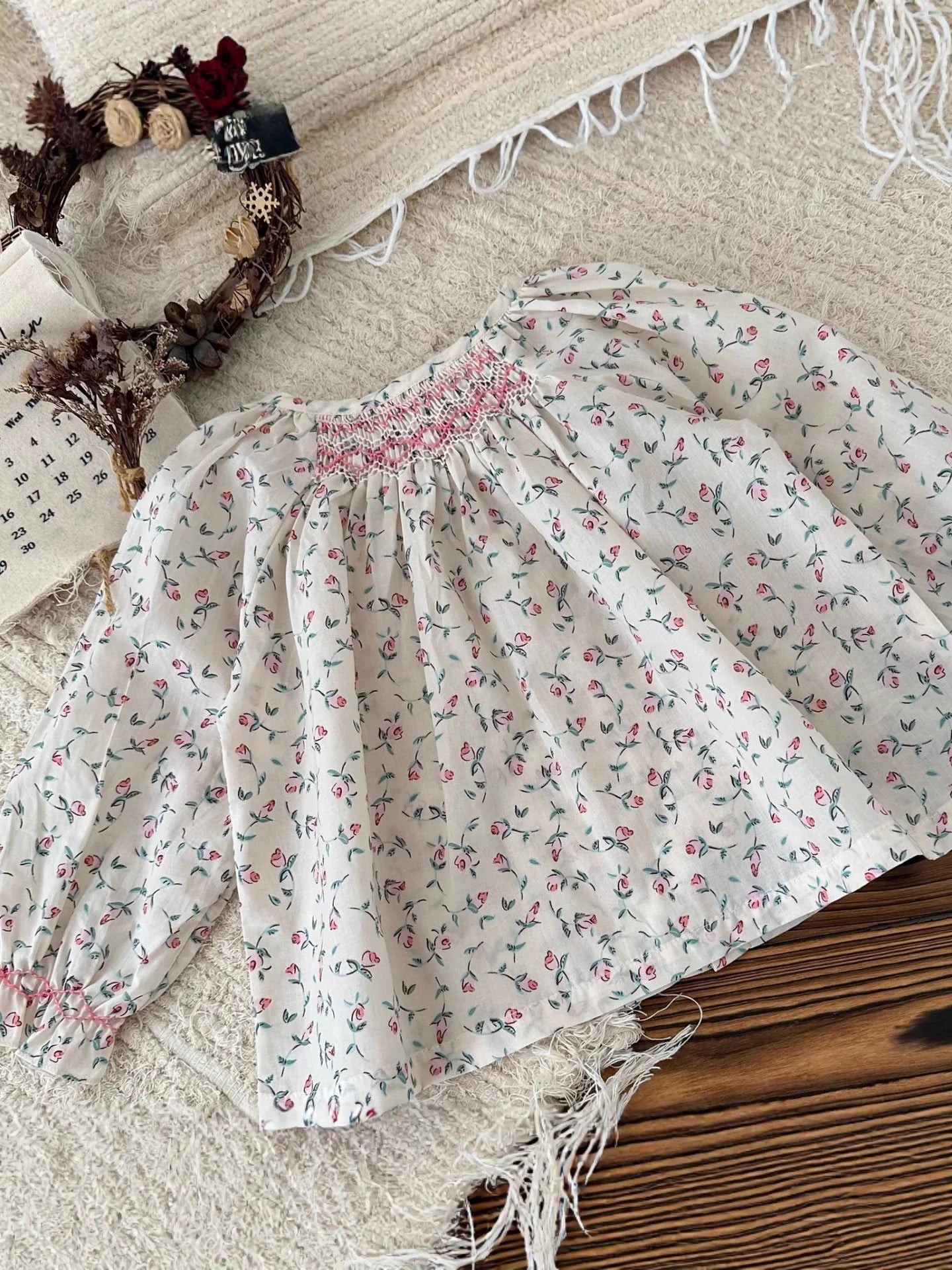 Girls Printed Hand Smocked Blouse Cotton Shirt