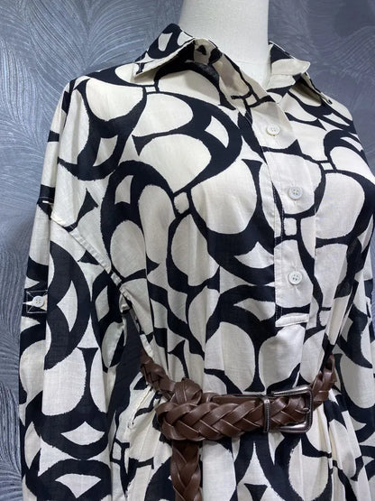 Lapel Cotton Printed Long Sleeved Dress