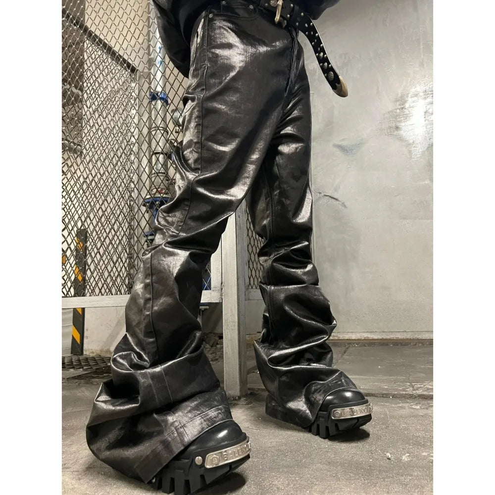 Men's Dark Coated Glossy Leather Black Jeans