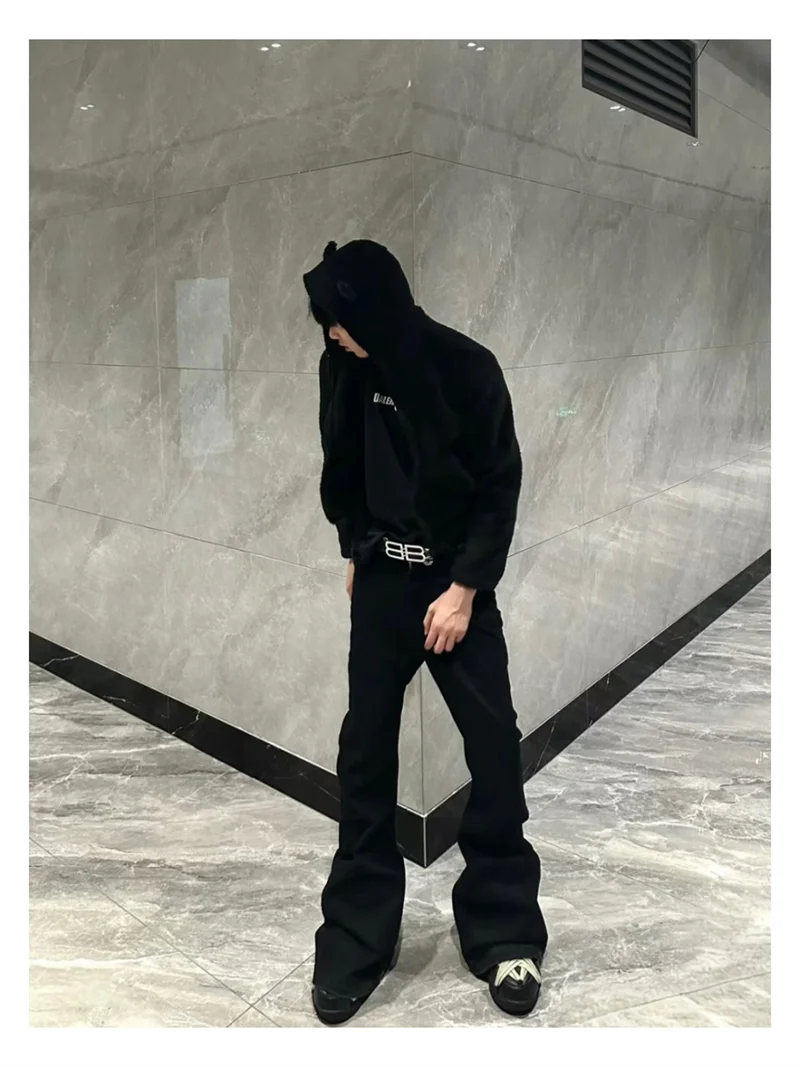 Basic Black Ribbon Loose Flared Casual Jeans