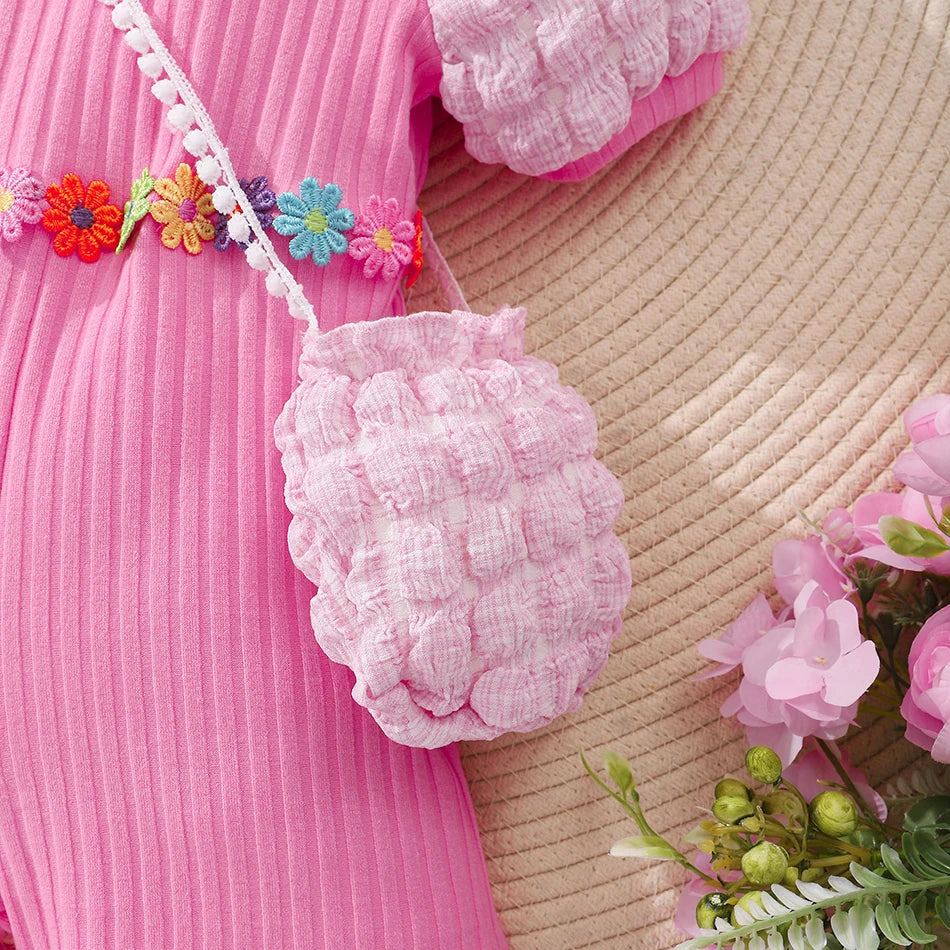 Girls Bubble Sleeve Ribbed Short Romper Set