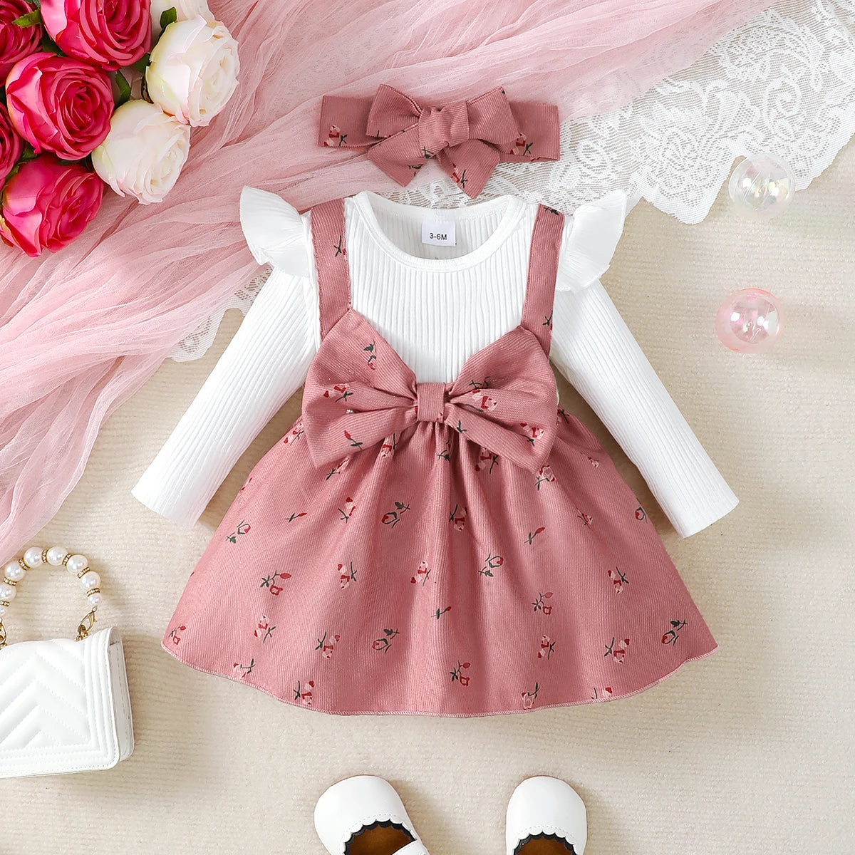 2pc Baby Girl Broken Flowers Big Bow Princess Dress