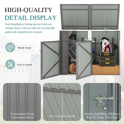 Outdoor Garbage Bin Shed with 54 cu ft Storage, Stainless Galvanized Steel, Grey, for Garden Yard Use